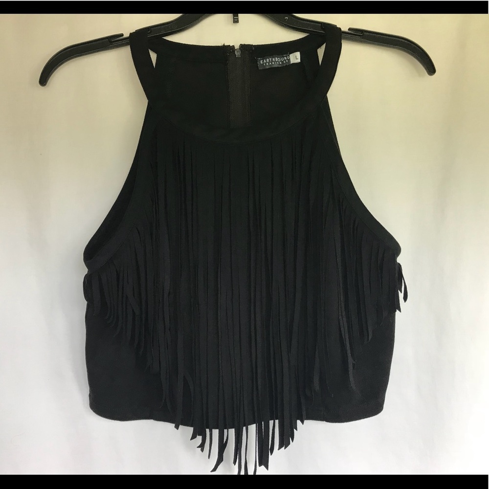 Earthbound Trading Co. Faux Suede Fringe Crop Top